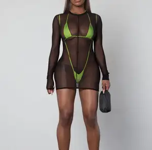2021 New Fashion Dreiteilige feste Bade bekleidung mit schwarzem Mesh Sexy Plus Size Bikini
