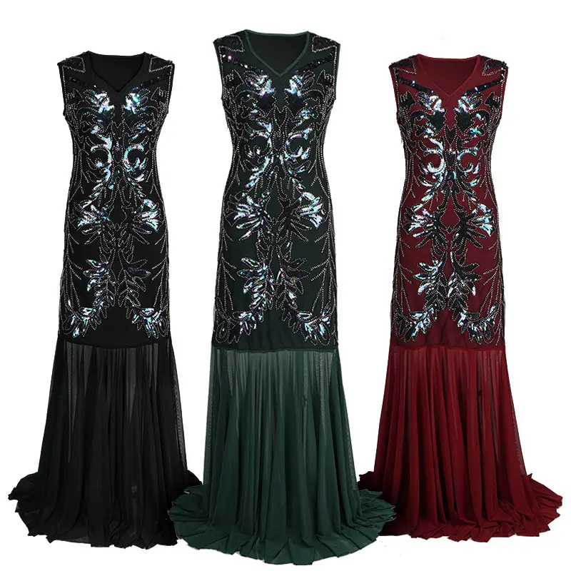 Coldker 1920s Long Wedding Prom Dresses VネックSequin Beaded Party Formal Evening Gowns