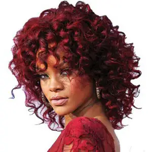 Rihanna — Perruque Bob lace front wig avec frange pour femmes, cheveux courts bouclés, rouge, bordeaux, densité 180%