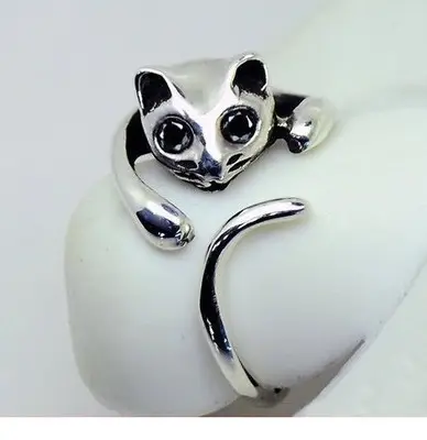 Lindo anillo de plata con forma de gato con ojos de diamantes de imitación, ajustable y resistente