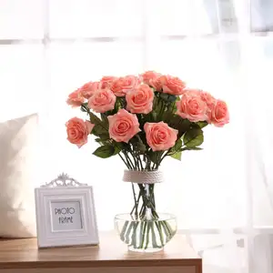 Ensemble de fleurs artificielles de style européen, simulation en soie, Rose, vases en verre pour table à manger, salon, décoration florale