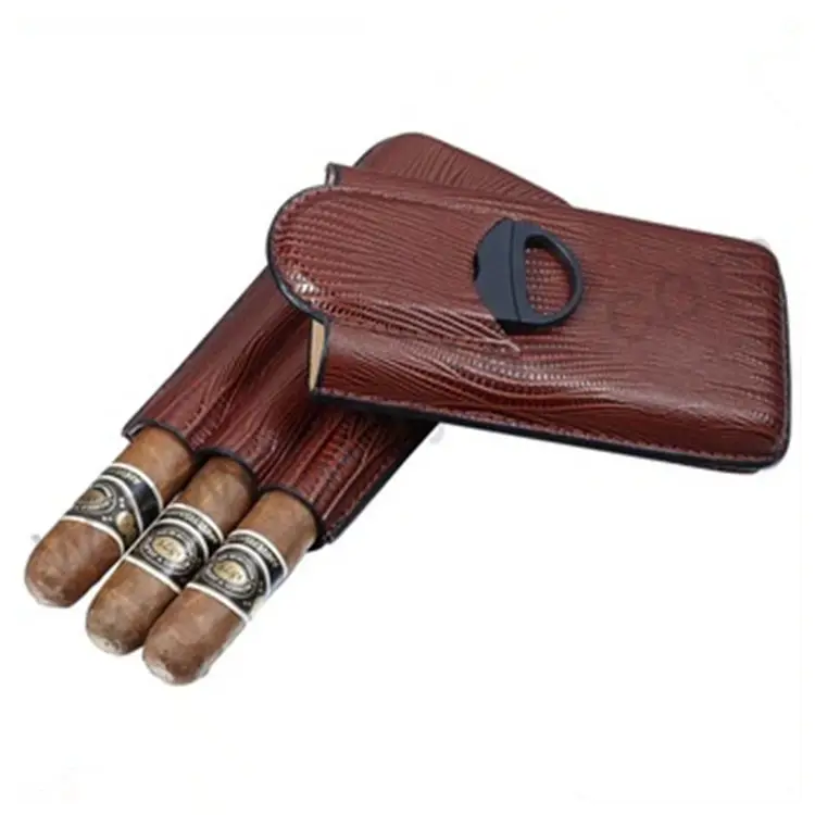 Brown Leather 3 Finger Cigar Case with Cigar Cutter On Sale