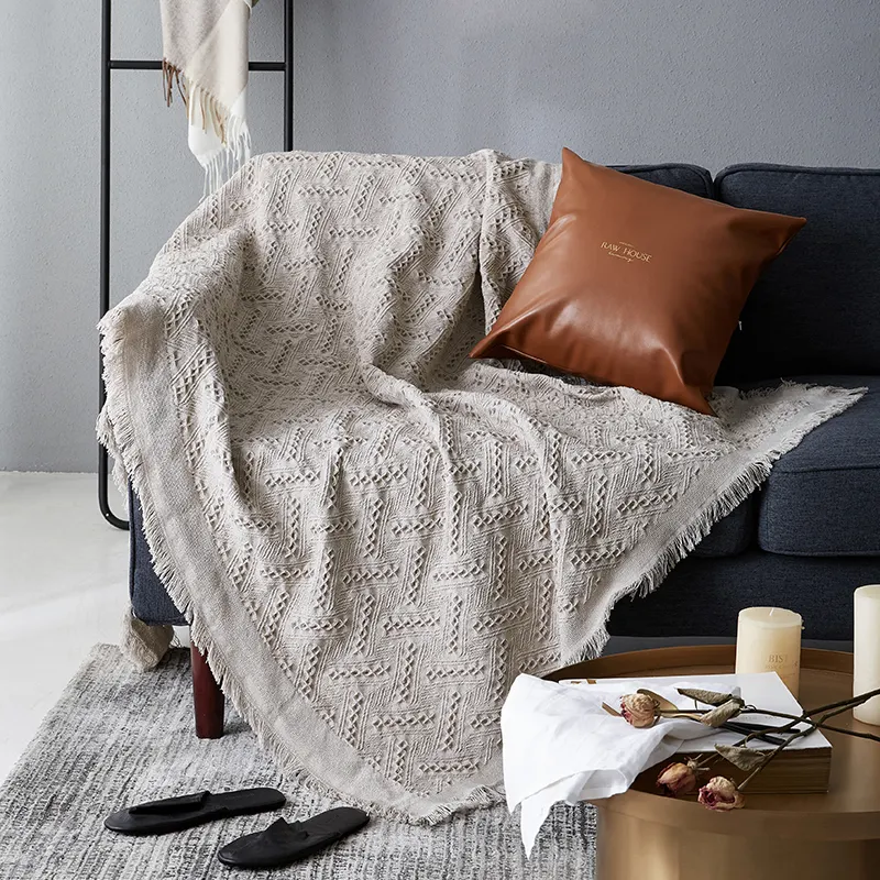 RAWHOUSE home decor plain Khaki pink blue gray knitted cotton throw woven sofa blanket