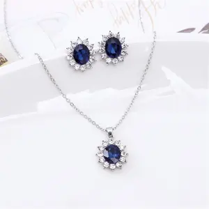 Hot selling blue crystal full rhinestone pendant necklace and earring jewelry set wholesale