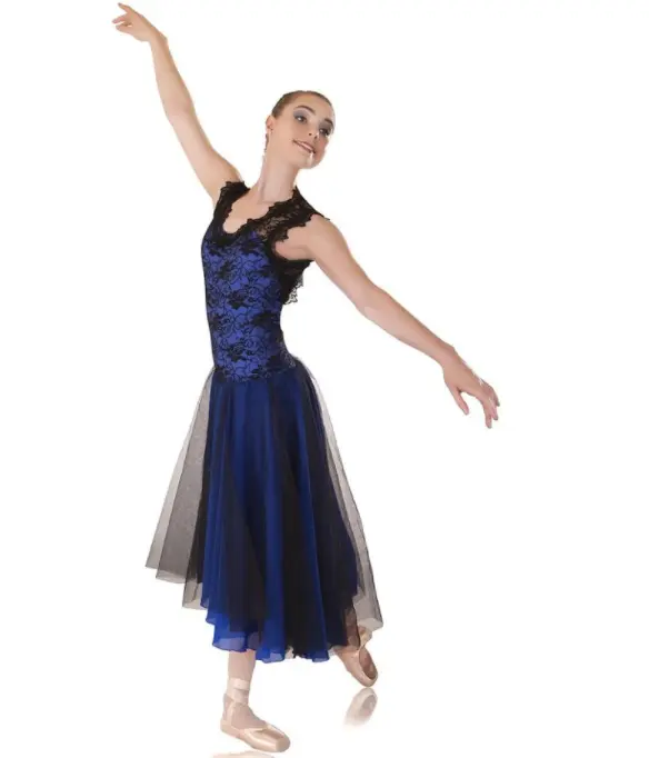 Regal royal blue black lace lyrical dress beautiful Back line dance costumes
