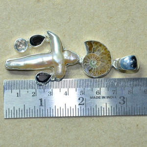 Amonite, perla, ónix negro, colgante de cristal gema 925 Sterling colgante barato colgante asequible - Product Image 2