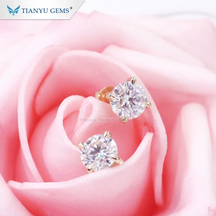 Tianyu Gems Pure Yellow Gold Classic Design Round H&A Cut Moissanite Diamond 4-Prong Stud Earrings