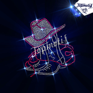 Western <span class=keywords><strong>cowboy</strong></span> bottes et chapeau de fer en strass sur <span class=keywords><strong>les</strong></span> transferts pour t- shirt - Product Image 1