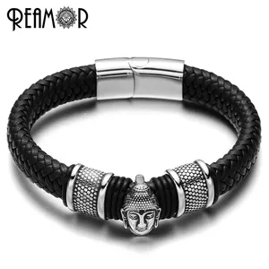 REAMOR 316L สแตนเลส Charms สร้อยข้อมือประเทศไทยวัฒนธรรมชาวพุทธสร้อยข้อมือ Trendy ถักกว้างกำไลข้อมือหนังผู้ชายเครื่องประดับ