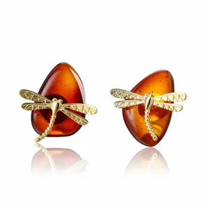 lotus fun hand made Dragonfly Charms Earrings 925 Sterling silver with amber nature stone stud earrings 18k gold plating