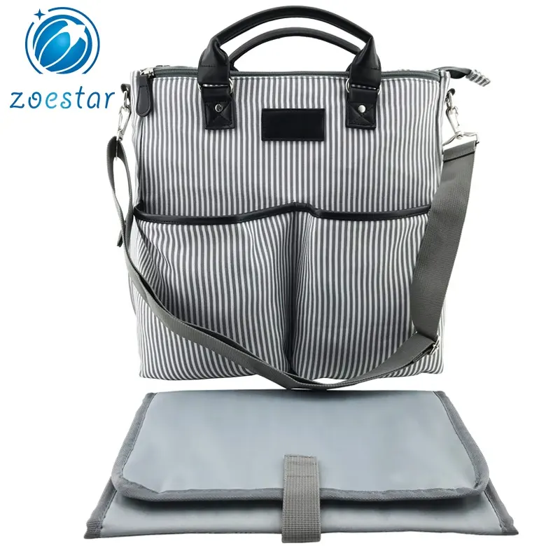 Striped Canvas Baby Diaper Nappy Tote Bag with Changing Pad Removable Shoulder Strap for Mum