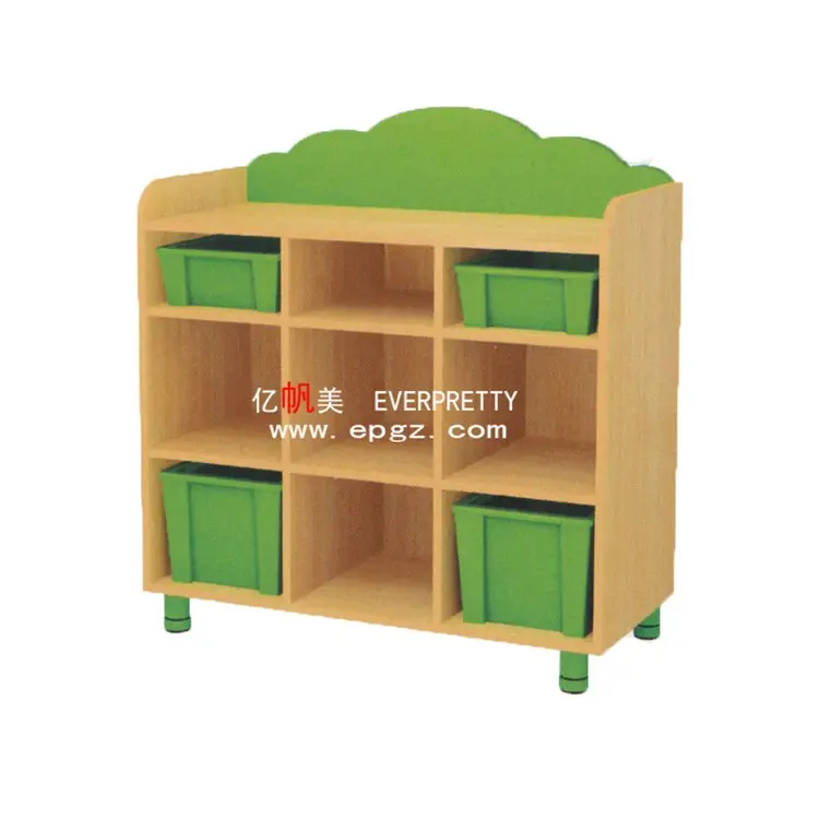 High Quality Kindergarten Kids Wooden Toy Storage Cabinet with Plastic Boxes for Preschool Student