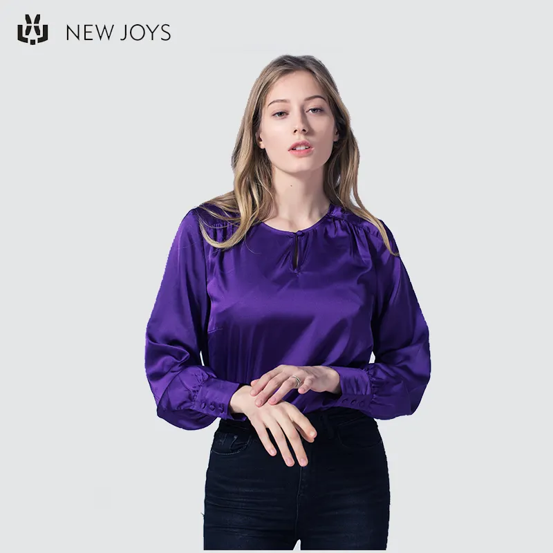OEM/ODM Breathable Solid Silk hand Purple Blouse Women Long Sleeve Satin Shirts O neck Office Blouse
