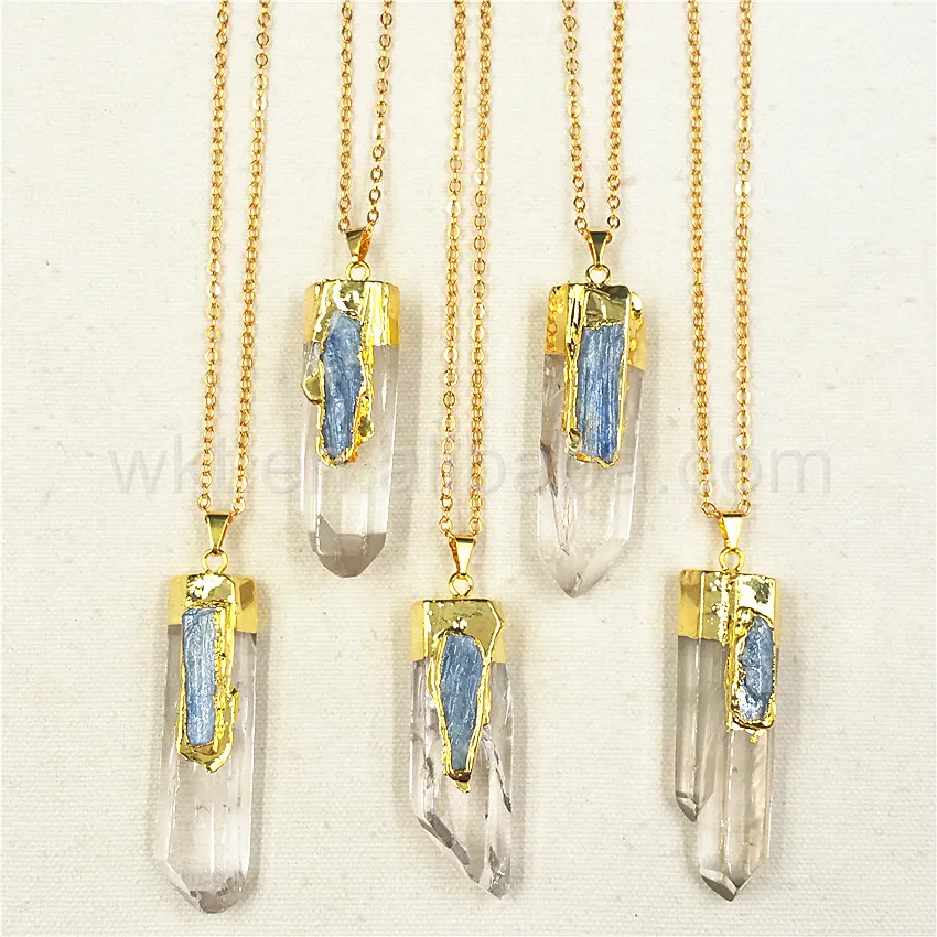 WT-N766 Newest Natural clear crystal quartz point pendant necklace with blue kyanite charm