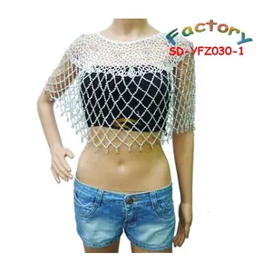 Womens Cloak Diamond Pattern Crocheted Top For Silver Beaded Blouse