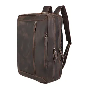 Vintage Men Custom Genuine Leather Business Backpack Briefcase Convertible Multi-functional Messenger Shoulder Laptop Bag