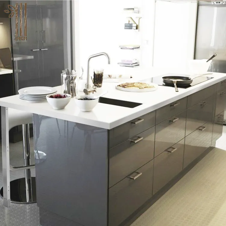 Grey color high gloss lacquer island wood kitchen cabinet furniture designs