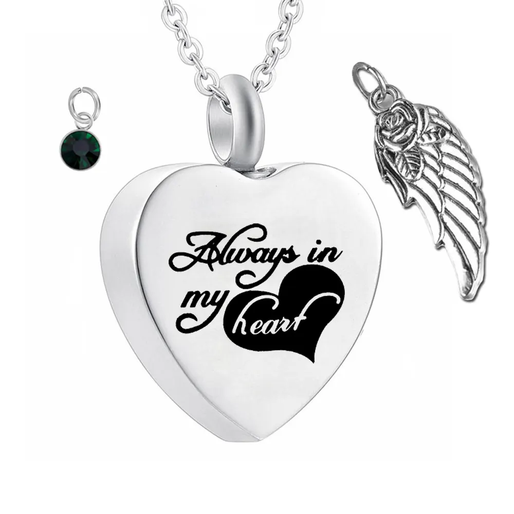 Cremation Jewelry Always in My Heart Memorial Urn Necklace Stainless steel Wings Ashes Birthstone crystal Pendant Keepsake