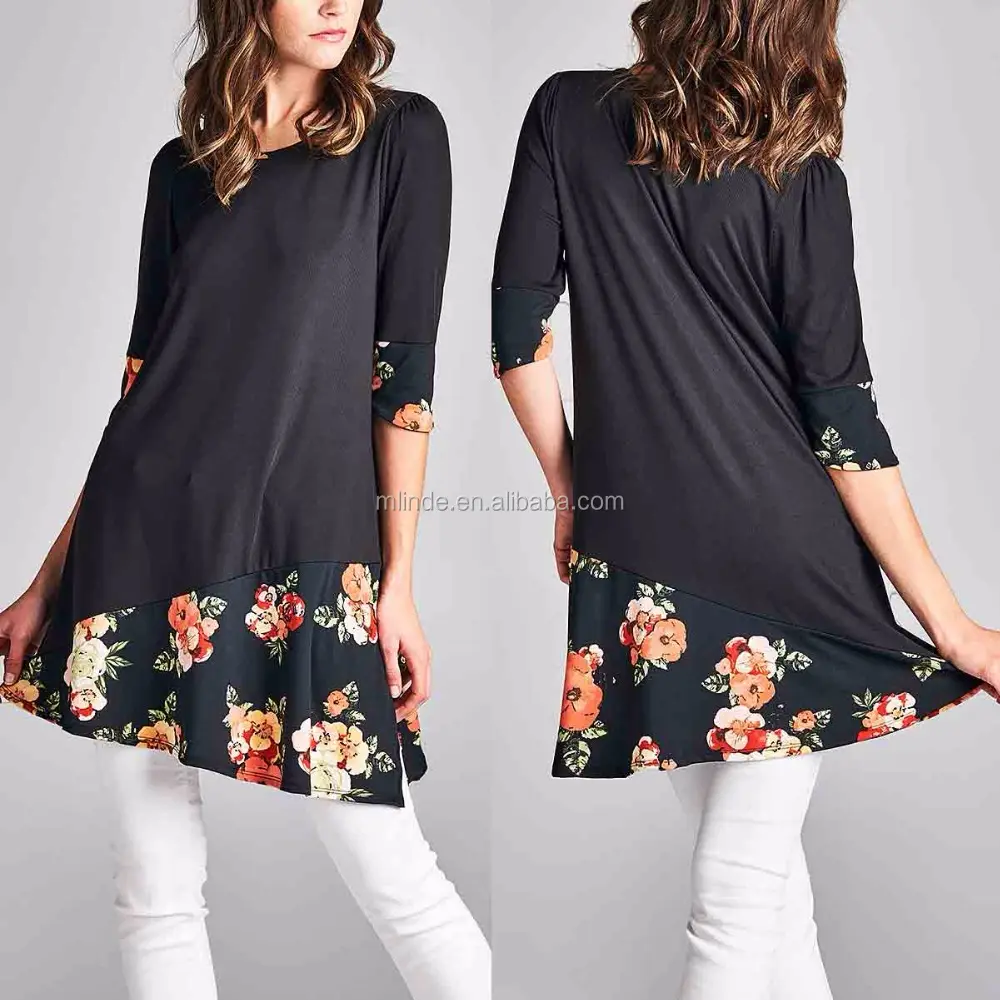 India Wholesale Cotton Tunic Black Floral-Contrast Tunic Design Western New Designer Kurtis Tunic Kurti Designs
