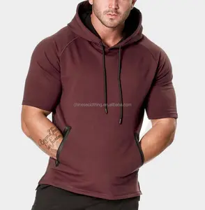 Wholesale fitness fashion custom men's short sleeve gym hoodie from chinese supplier