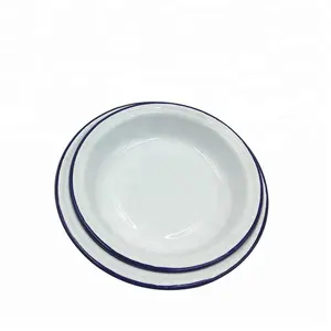 Stoviglie Rotondo Bianco Dello Smalto Piatti Con Bordo Blu