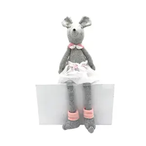 Customized handcrafted home decor grey fabric items shelf sitters doll lace dressed mouse decoration with dangle legs