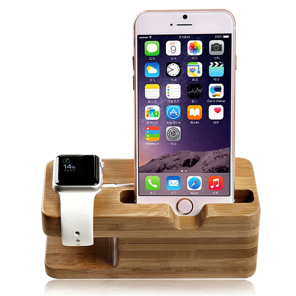 With Mobile Phone Holder Universal 2 In 1 Bamboo Charging Stand For Apple Watch