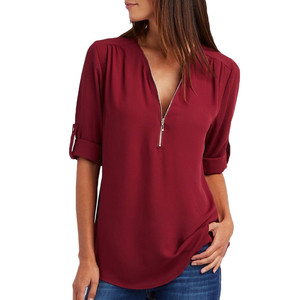 Blus Chiffon Kasual Vintage Wanita Kerah V Resleting Setengah Ukuran Besar Plus Longgar Fit Panjang Musim Gugur Vintage Blusa Feminina Vestidos - Product Image 1
