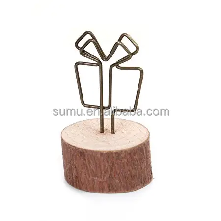 Different Shapes Round Wood Base Metal Wire Desktop Paper Clip Photo Holder