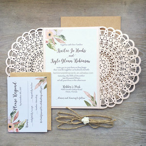 Invitations de <span class=keywords><strong>mariage</strong></span> élégantes et rustiques découpées au <span class=keywords><strong>laser</strong></span> rose, conçues en Afrique, et cartes d'invitation d'anniversaire personnalisées, cartes de vœux - Product Image 1