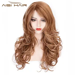 Aisi Rambut Panjang Bergelombang Rambut Coklat dengan Warna Putih Sintetis Wig Serat Suhu Tinggi Fashion Cosplay Wig untuk Wanita