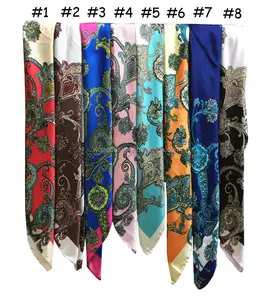 Fashion wholesale pretty good girls print paisley square polyester silk hijab accessory shawl shiny satin floral wrap scarf