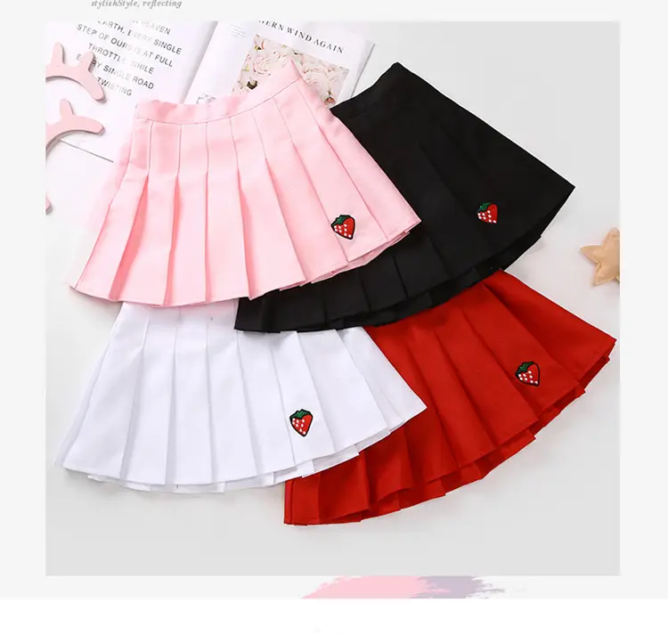 Fashion Girl Solid Pleated Skirt with Embroidery Strawberry Teenager Girl School Pleated Skirt Student White Red Black Pink