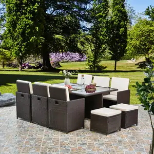 Mobiliario de mimbre para jardín, mesa de comedor y sillas de ratán para exteriores, muebles de Patio, 10 plazas