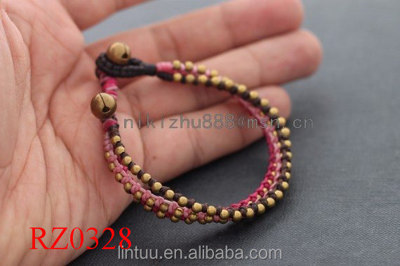Unique Design Belle arc-en-couleur cire cordon noeud bracelet Tri Bande or En Laiton Bracelet