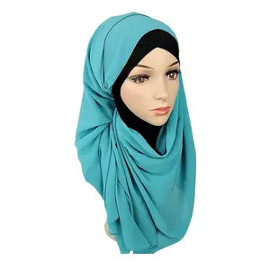 ความยาวและธรรมดา turquoise ชีฟอง hijab ผ้าพันคอผู้หญิงมุสลิม