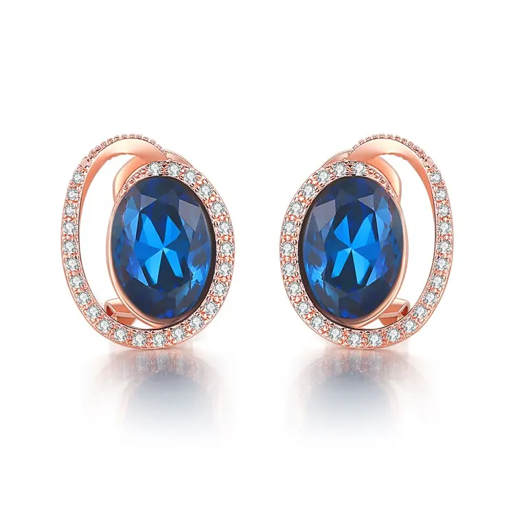 Classical high quality fashion trendy girls women jewelry rose gold plated round cut cz diamond blue crystal stud earring E343