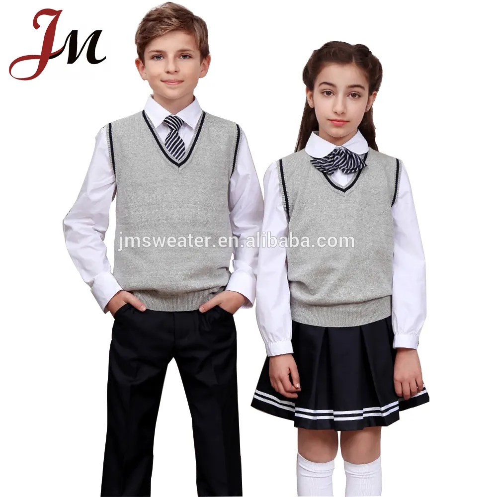 Uniforme escolar coreano de malha, gola v elegante, sem mangas, bonita, crianças, mangas compridas, 100% algodão, roupas escolares