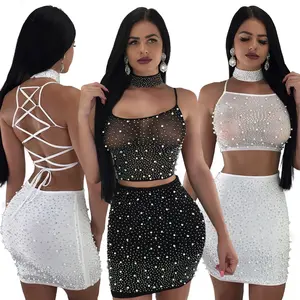 Kadın 2 Parça Kıyafetler Askı Kırpma Üst Etek Seti rhinestone kristal Bodycon Mini Elbise Clubwear seksi iç çamaşırı