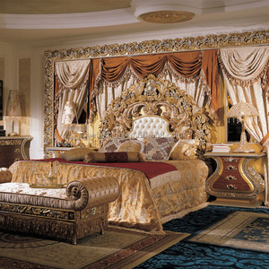 Cama Alta de Madera Maciza Clásica de Lujo Europeo, Cama Alta de Madera Maciza con Pintura de Corte Francesa para Villa de Lujo - Product Image 1