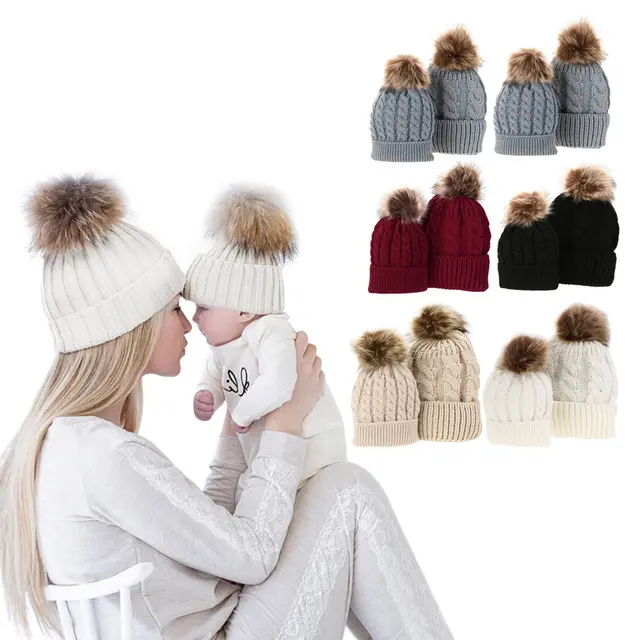 Mama En Baby Muts Set Met Pompon Warme Wasbeer Bont Bobble Muts Kids Gebreide Ouder Kind Muts Winter