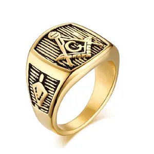 18K Gold Plated Stainless Steel Ring With The Enamel Men Masonic Signet Rings