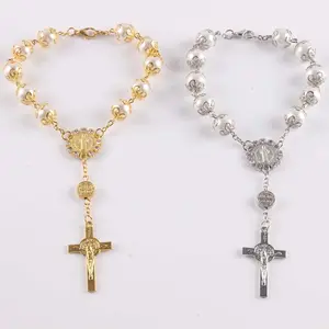 Italy Fashion Design 8mm St.Benedict Pearl with Capped Gold Silver Decade Rosary Catholic Bracelet