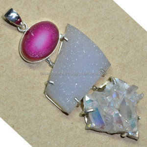 925 Sterling Sier fait à la main mode pendentif rose Druzy blanc Druzy Aqua Aura pierre précieuse plaqué or Esp688 pendentif - Product Image 1