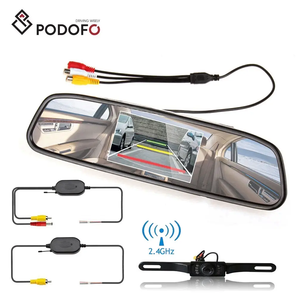 Podofo Wireless 4.3" Car Mirror Monitor + Waterproof Car Rear View Camera Licence Plate Reverse Backup Camera Kit Parking System