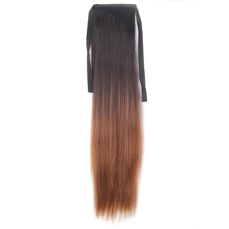New Design Fashion Ombre Dark Brown and Yellow Color Silky Straight Synthetic Hair Drawstring Ponytail Hairpieces for Women