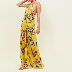 Delle signore giovane ragazza di estate lungo fiore <span class=keywords><strong>Giallo</strong></span> Floreale Halterneck Aperto Indietro Maxi Vestito - Product Image 1