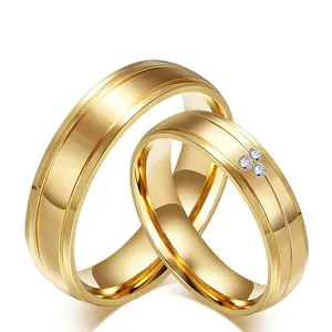 SJ Wedding Gift for Lover SJCR-055 Delicate Stainless Steel Real Gold Plated Cubic Zircon White Synthetic Diamond Couple Ring