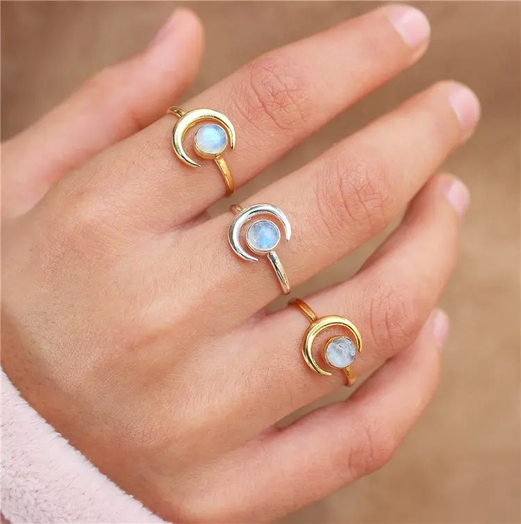 Anéis de lua vintage ajustáveis, prateados de ouro para mulheres, simples, curativo, fino, anel