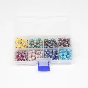 Manik-manik Kaca Millefiori Bersegi 8 Warna dengan Kotak Plastik untuk Membuat Perhiasan